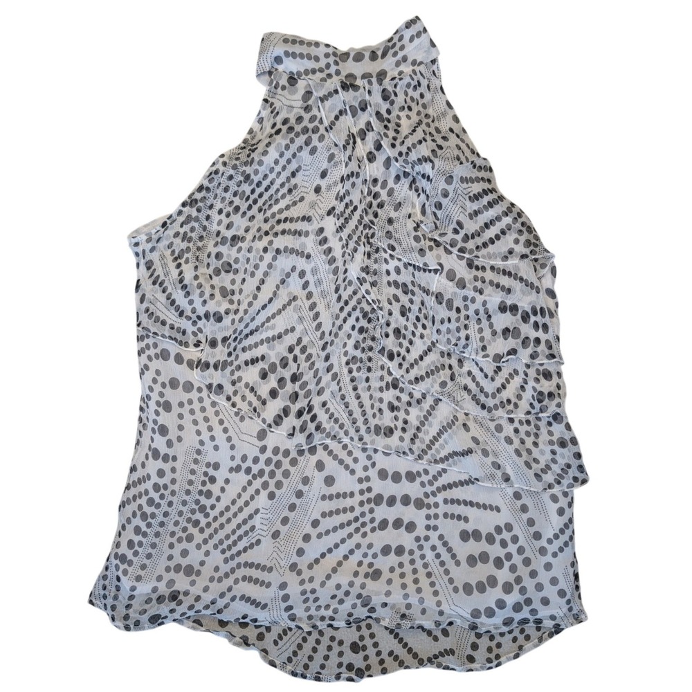 Cynthia Rowley Silk Large Halter‎ Neck White Black Patterned Tank Top Ruffles
